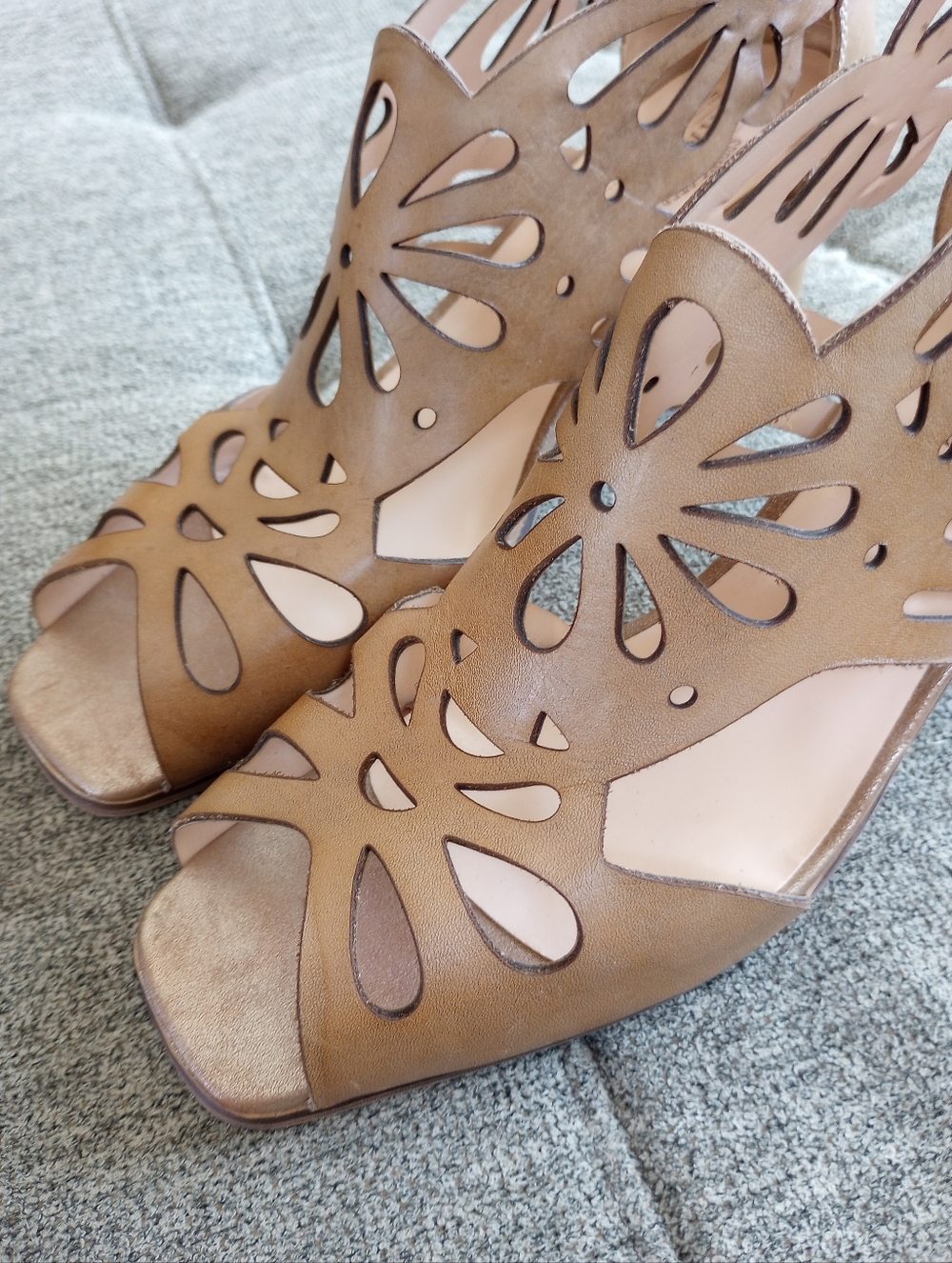 L'artiste Tan Leather Flamenco Block Heel Zipper Back Size Euro 42 10.5 11 New! - Picture 12 of 14